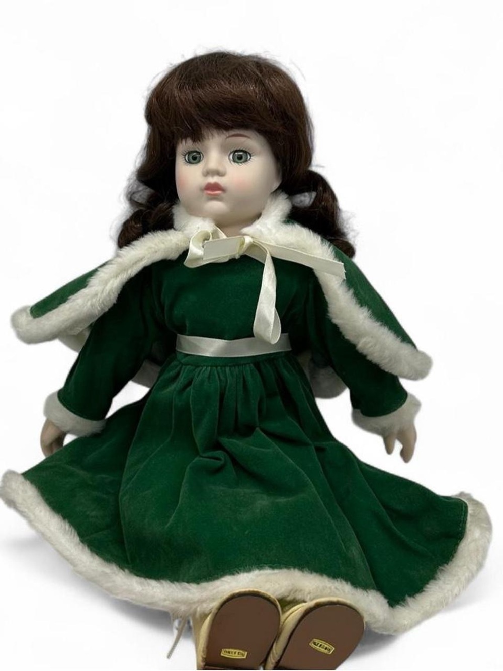 Vintage Christmas Around the World Porcelain Doll Green Velvet & Fur